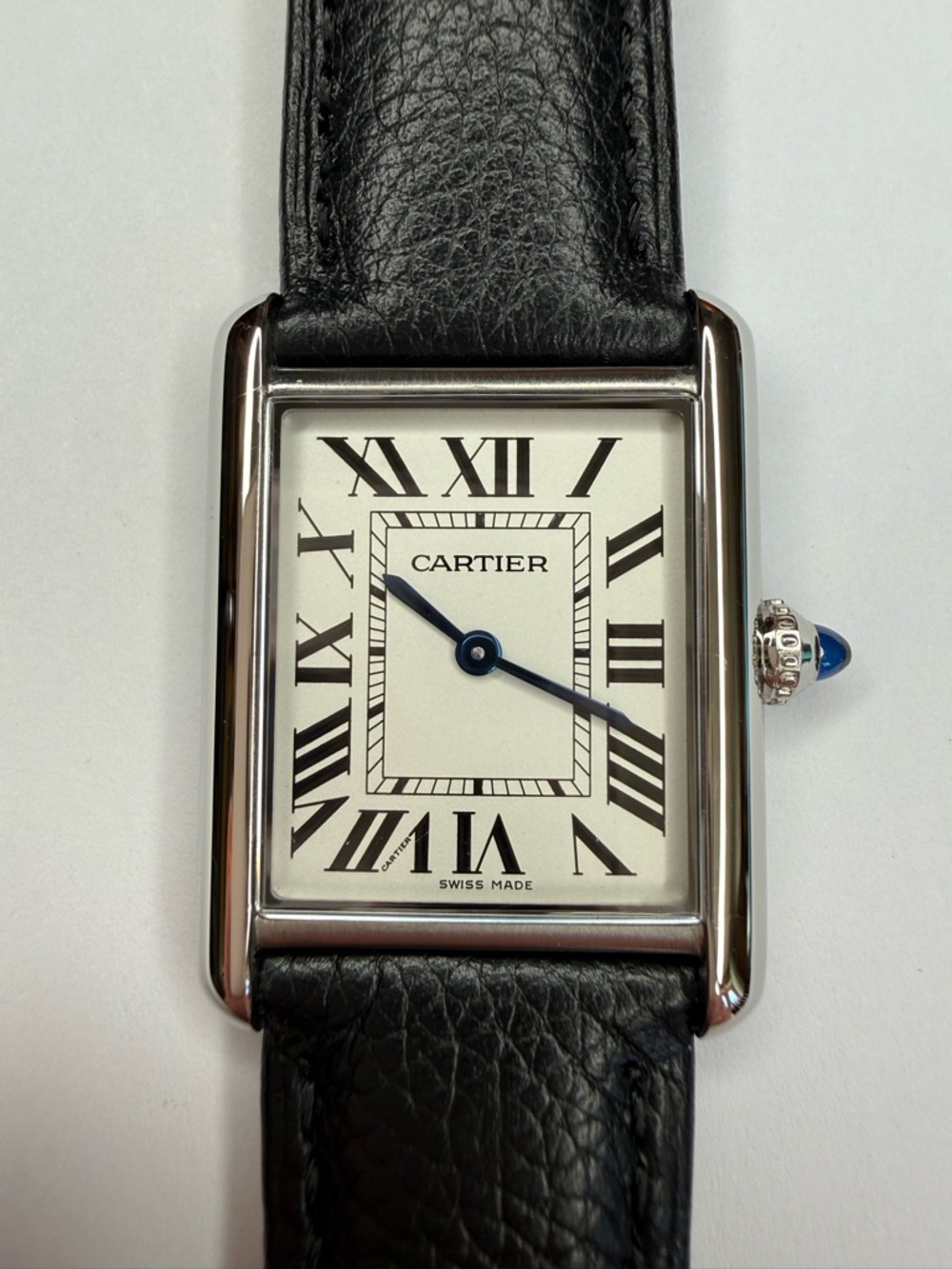 Cartier Tank Must Watch, Large Model 33mm, Stainless Steel Black Leather Watch
